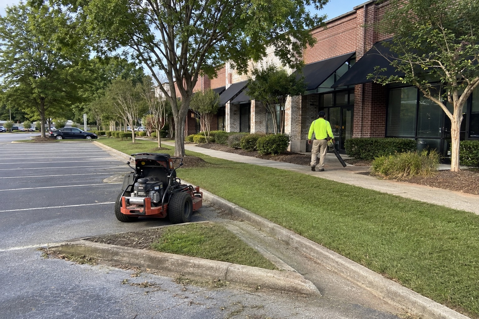 Commercial grounds maintenance visit at a small retail property