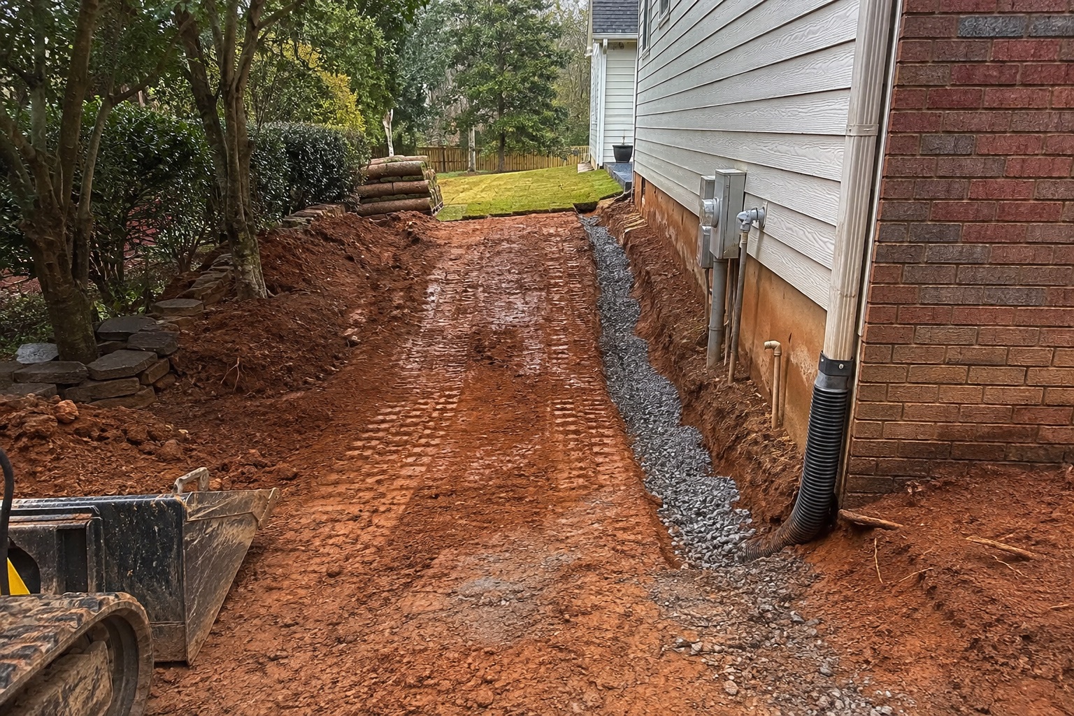 Side-yard grading and drainage correction in progress